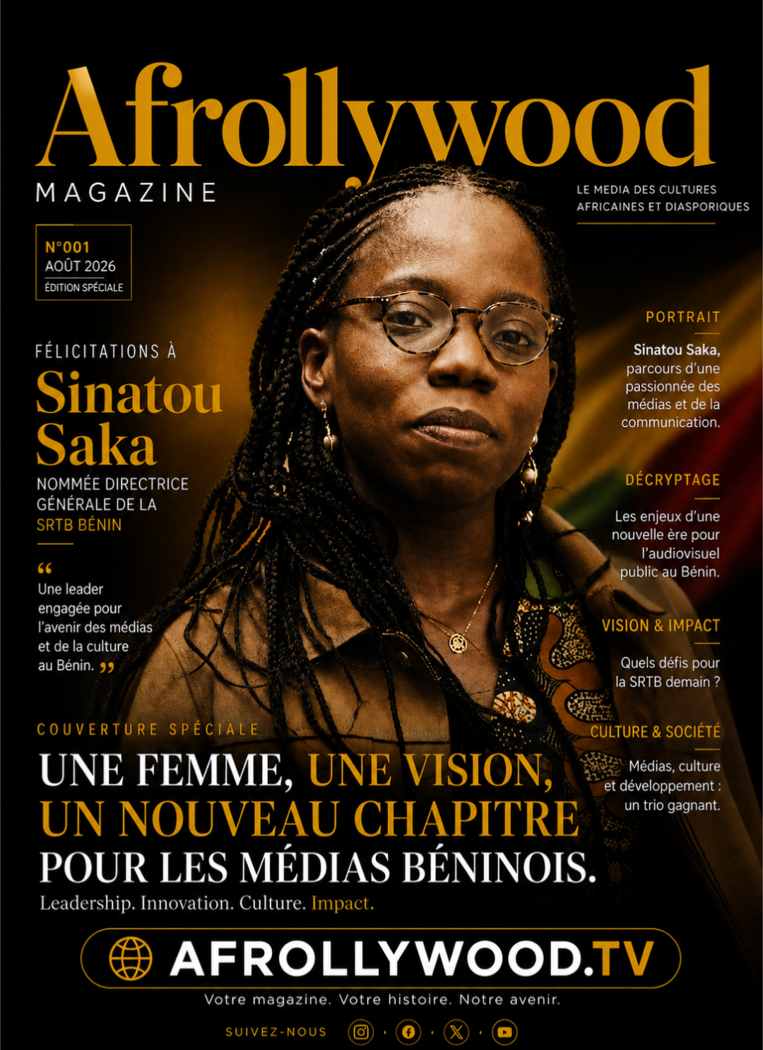 Couverture N°001 d'Afrollywood Magazine consacrée à Sinatou Saka, nommée directrice générale de la SRTB Bénin