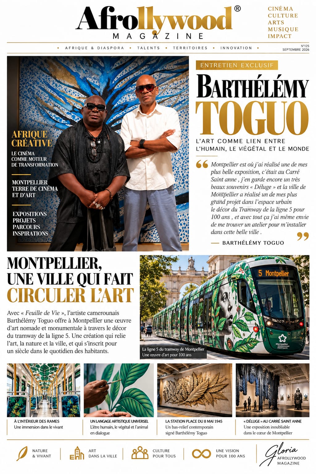 Barthélémy Toguo présenté par Afrollywood Magazine devant une œuvre aux motifs végétaux bleus